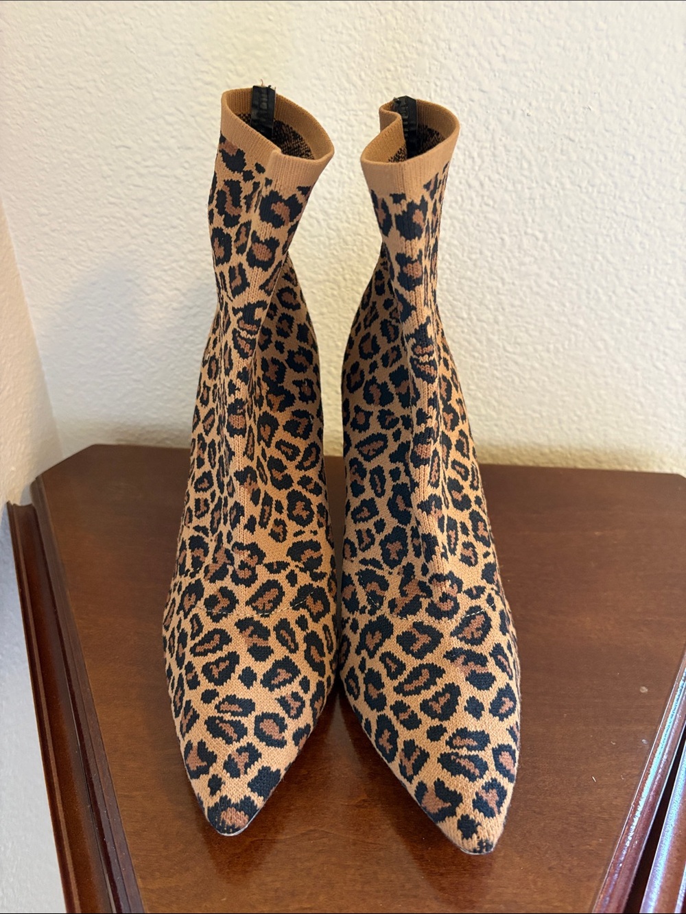 MIA Leopard Print Pointed Toe Sock Boots - Tan/Black